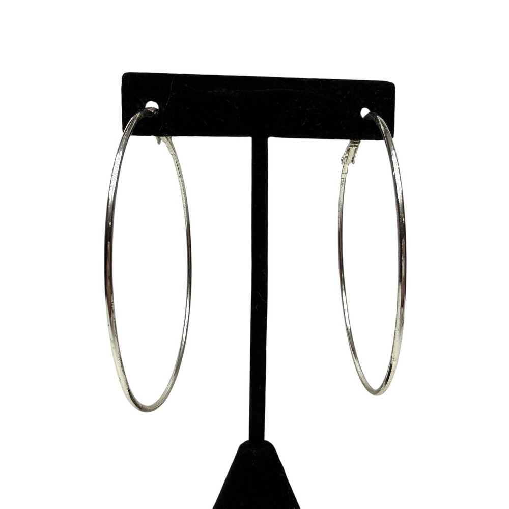 Large Thin Silver Tone Hoop Earrings Latch Back Fashion Jewelry